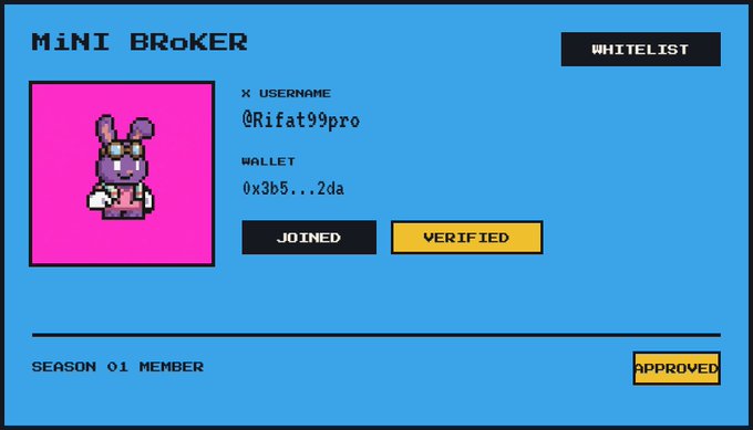 A pixel-art style profile card displays 'MINI BROKER' with username '@Rifat99pro', wallet address '0x3b5...2da', and badges for 'WHITELIST', 'JOINED', 'VERIFIED', and 'APPROVED' as a 'SEASON 01 MEMBER'.