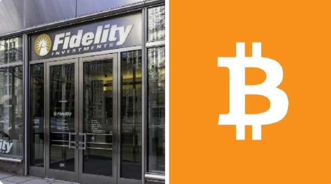 The image shows the entrance of a Fidelity Investments office alongside the Bitcoin logo on an orange background. The pairing visually represents Fidelity's bullish stance on Bitcoin's potential decade-long supercycle driven by growing institutional adoption.