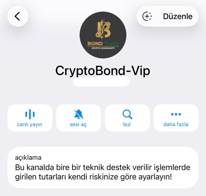 A screenshot of a Telegram channel called "CryptoBond-Vip" featuring the "BOND Trade Crypto Community" logo, with a description warning that technical support is provided but investment amounts should be adjusted at your own risk. The image appears unrelated to the accompanying post, which promotes a series of supposedly high-return cryptocurrency tokens like $TRUMP, $ANSEM, and $Fartcoin.