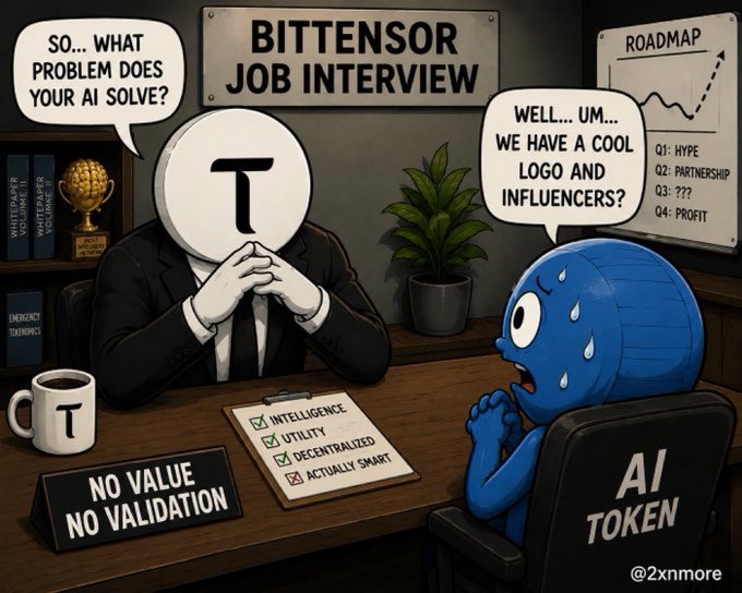 The image features a cartoon scene with two characters, one wearing a suit and the other dressed as a blue robot. They are sitting at a desk, with a sign that says "Proof of Intelligence" above them. The cartoon character on the right is sweating while the other character has his hands up in front of him. The text in the image suggests that the AI token might be feeling threatened or uncomfortable due to the claim made by someone else.