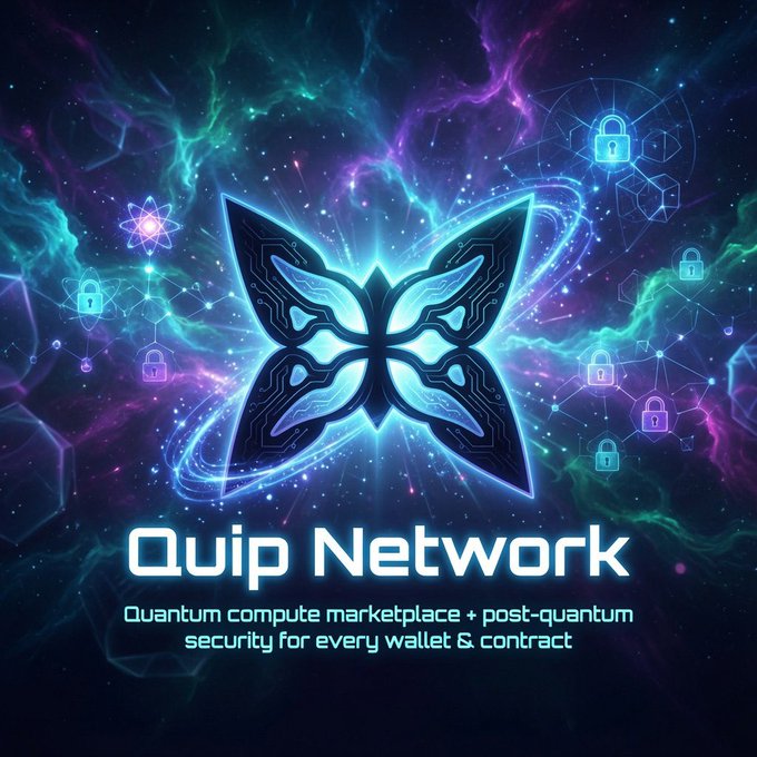 The image features a butterfly-shaped logo with blue and purple colors against a dark background. The text "quip network" is written below the logo, indicating that this is an advertisement for Quip Network. The image also includes various elements related to Quantum computing, such as particles and networks, which are used in the development of secure Quantum applications. This suggests that Quip Network focuses on developing cutting-edge technologies and solutions within the field of Quantum computing.
