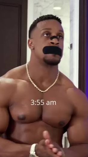 A muscular shirtless man wearing gold chain necklaces is shown with black censor bars over his eyes and mouth, with text overlay reading '3:55 am'.