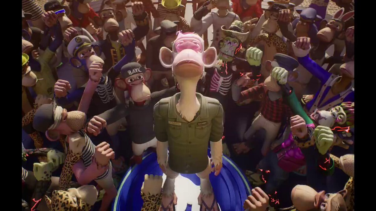 The image features a cartoon character standing in front of a crowd of people who are also wearing hats, with some of them holding bats or other objects. The caption reads "Thank you, @mfigge we trust!! @apecoin @ApeChainHUB". This suggests that the cartoon character is receiving appreciation and recognition from the audience for their performance or appearance in the image.