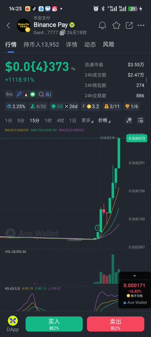 Binance Pay token chart showing a dramatic price increase to $0.0{4}373, up +1118.91%, displayed on the Ave Wallet app.