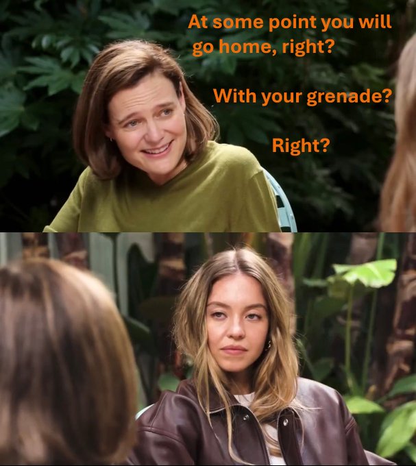 The image shows a two-panel meme featuring two women in conversation, with the top panel containing orange text that reads "At some point you will go home, right? With your grenade? Right?" while the bottom panel shows a younger woman with a stoic expression listening.

The image humorously relates to the post's theme about respectfully disagreeing with friends in the Bitcoin space (regarding BIP-110), using the grenade metaphor to suggest that pushing contentious proposals is like bringing an explosive into someone's home—visually contrasting the older woman's pointed questioning with the younger woman's unyielding resolve, much like an "old warrior" holding firm to their position.