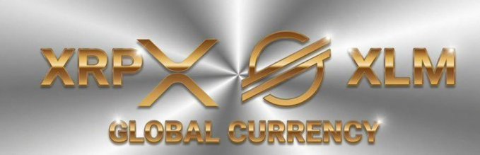 Gold 3D text reading 'XRP XS XLM GLOBAL CURRENCY' on a metallic silver background with the XS logo prominently in the center.
