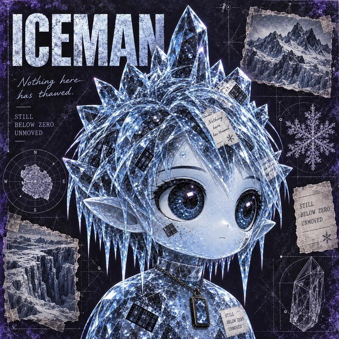 A stylized anime illustration titled 'ICEMAN' showing a character with spiky ice-like hair and large blue eyes, accompanied by the text 'Nothing here has thawed' and 'STILL BELOW ZERO UNMOVED'