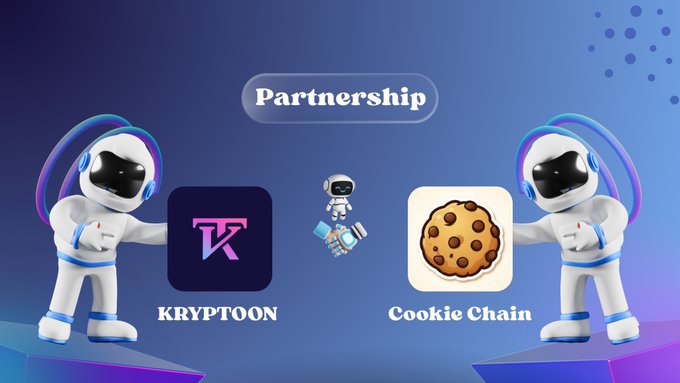 Two astronaut robots hold the logos of "KRYPTOON" and "Cookie Chain" beneath a "Partnership" banner, visually announcing the newly formed strategic alliance between the two platforms.