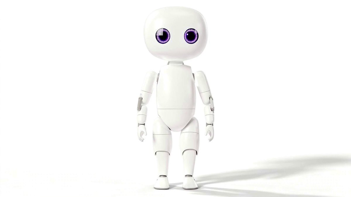The image features a white robot with purple eyes standing upright against a gray background. The robot appears to be in motion, as if walking or running, giving the impression that it might be an AI character from a video game or a virtual assistant. The caption at the bottom of the image reads "hi hoomans, dropping peaq alpha guess next announcement ai pics and wrong answers only".