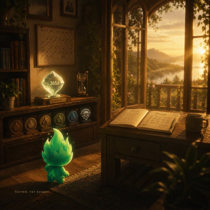 A glowing green flame-like creature stands before a wooden desk in a sunlit study, facing a diamond-shaped crystal displaying "365d" and a wall of flame medallions, while an open journal reads "Streak"—visually embodying the post's message about earning Diamond rank through patience and holding rather than spending, as reinforced by the phrase "Earned, not bought."
