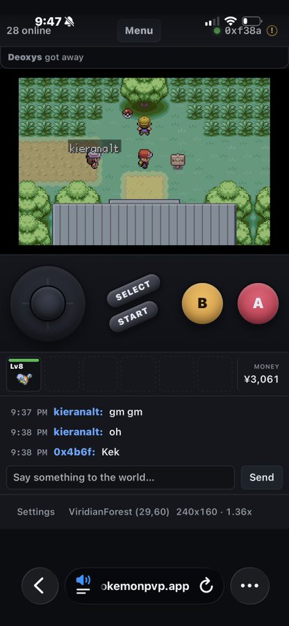 A mobile screenshot of pokemonpvp.app showing a Pokémon game scene with the message 'Deoxys got away' and a chat log with user 'kieranalt' saying 'gm gm' and 'oh'.
