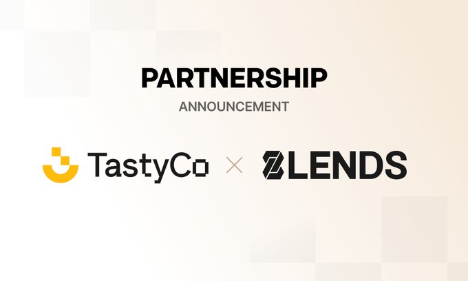 A partnership announcement graphic featuring the TastyCo and LENDS logos side by side, with "PARTNERSHIP ANNOUNCEMENT" displayed prominently above, teasing an exciting new collaboration between the two brands.