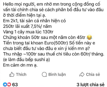 A Vietnamese Facebook post asking for financial advice, mentioning 250 million VND in savings earning 7.5%/year, 130 million in stocks, and 50 million in deposits.