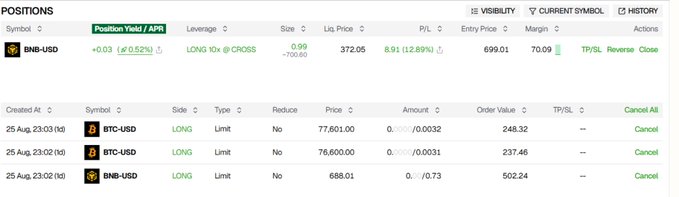 A cryptocurrency trading positions interface showing LONG 10x leverage positions on BNB-USD and BTC-USD with details including entry prices, P/L calculations, and TP/SL options.