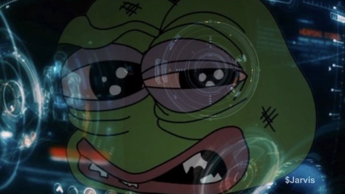A distorted Pepe the Frog meme overlaid on a futuristic digital interface with the text '$Jarvis' in the corner.