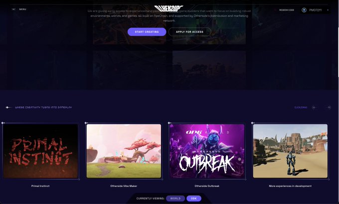 A screenshot of the Unreal Editor website showing virtual world experiences including 'Primal Instinct', 'Otherwide Vibe Maker', 'Otherwide Outbreak', and others in development, with 'START CREATING' and 'APPLY FOR ACCESS' buttons.