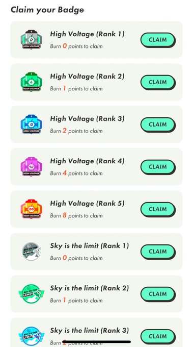A 'Claim your Badge' interface displaying High Voltage and Sky is the limit badges at ranks 1-5, each requiring various burn points (0, 1, 2, 4, 8 points) with CLAIM buttons.