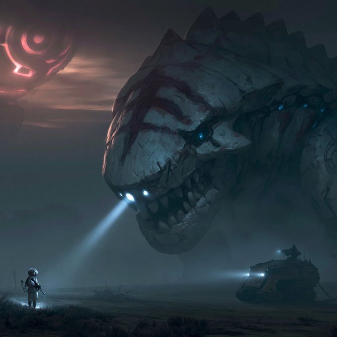 A solitary astronaut stands before a towering, mechanized leviathan under a crimson, eye‑shaped beacon, while a distant vehicle cuts through the mist. The scene underscores the post’s message that a single great contribution can bring you into the right network.