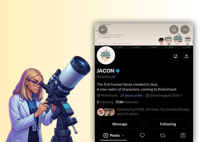 A digital illustration of a woman looking through a telescope next to a Twitter/X profile for 'JACON' (@JaconLab), described as 'The first human faces created in Java. A new realm of characters, coming to Robinhood.' with 17.8K followers.