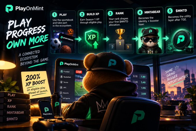 An advertisement for 'PlayOnMint' details a five-step ecosystem process (PLAY, BUILD XP, RANK, #MINTABEAR, $MNTD), highlighting a '200% XP BOOST on eligible play ahead of launch'.