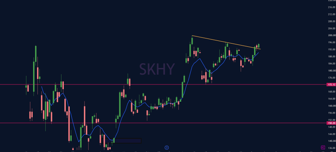 A dark-themed financial trading interface displaying a candlestick chart for ticker 'SKHY' with a blue moving average line and horizontal support/resistance levels marked in pink.
