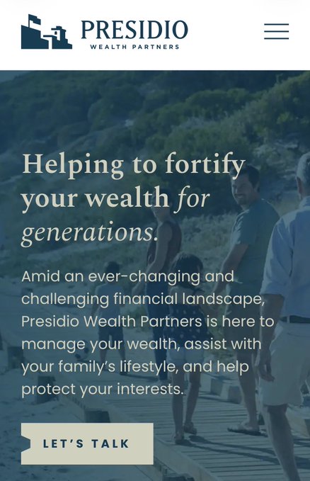 Mobile website screenshot for Presidio Wealth Partners with the headline "Helping to fortify your wealth for generations" and a "LET'S TALK" button.