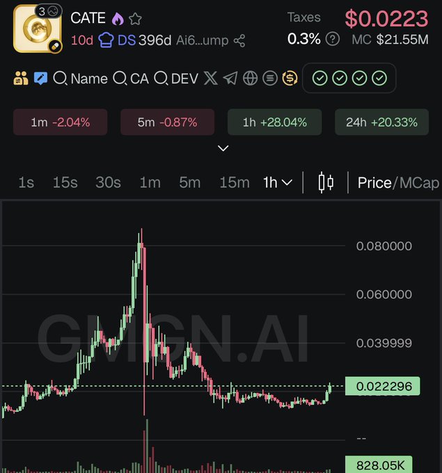 A cryptocurrency trading chart for token "CATE" (Gmgn.AI) shows a current price of $0.0223 with a market cap of $21.55M, gaining +28.04% in the last hour and +20.33% over 24 hours, supporting the claim of a comeback after rebounding above $20M market cap.