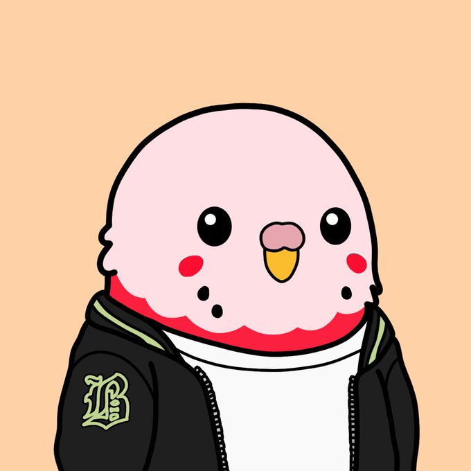A cartoon illustration of a round pink bird-like character wearing a black hooded jacket with a yellow 'B' logo on it.