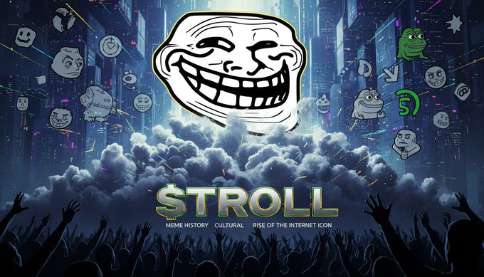 A 'STROLL' meme history documentary-style poster featuring the classic Trollface character above clouds with a crowd silhouette below, surrounded by various internet meme icons including Pepe the Frog.
