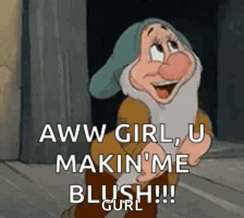 The image features a cartoon character, likely Snow White or Sleeping Beauty, with a caption that reads "Aww girl, u make me blush!". This text is accompanied by an image of the character's face, which appears to be smiling. The caption also includes the words "curl" and "gurl", possibly referring to the character's hairstyle or the way she looks at the viewer.