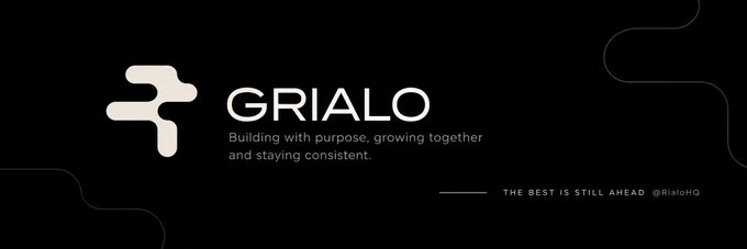 A sleek black banner with the logo and name 'GRIALO' alongside the tagline 'Building with purpose, growing together and staying consistent.'