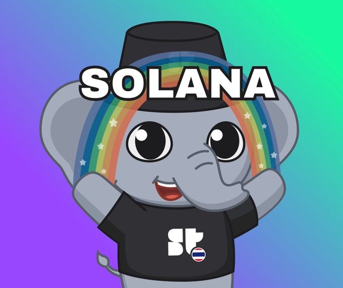 A cartoon elephant mascot wearing a black hat and t-shirt with a rainbow design, with the text 'SOLANA' displayed prominently across the top.