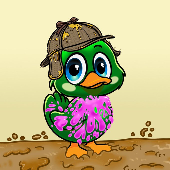 A cartoon illustration of a green duck-like character wearing a paint-stained detective hat, with bright pink paint splattered across its chest, standing on brown muddy ground.