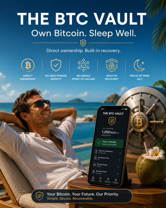 A serene beachside scene showcases a man relaxing beside a smartphone displaying "THE BTC VAULT" interface, which highlights features like direct ownership, 1.25000000 BTC ($78,125.00), and "Fully Secure" recovery technology—visually reinforcing the post's message about making secure, recoverable Bitcoin ownership accessible without seed phrases or single points of failure.