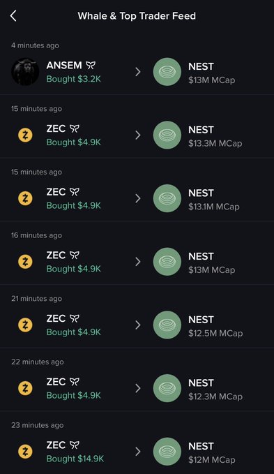 A mobile app screen titled 'Whale & Top Trader Feed' showing recent large crypto purchases, predominantly multiple entries of 'ZEC' wallet buying 'NEST' ($13M MCap) at $4.9K, plus an 'ANSEM' wallet buying $3.2K of NEST.