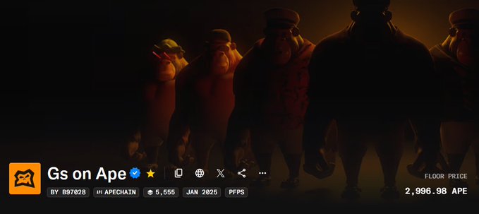 A dark promotional banner for 'Gs on Ape' (by B87028, APECHATN) shows silhouettes of Bored Ape Yacht Club characters with a floor price of 2,996.98 APE and 5,555 supply.