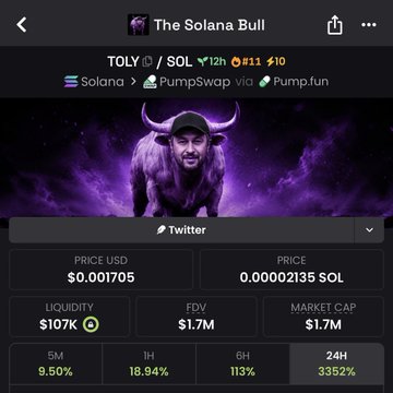 The image shows a cryptocurrency tracking page for "The Solana Bull" (TOLY/SOL), displaying a price of $0.001705 and a market cap of $1.7M with notable 24-hour gains of 3352%. The post's question about making SOL coins mirror BNB's performance aligns with the meme's bullish depiction of Solana, highlighting the token's dramatic recent surge as evidence of Solana's growing competitive momentum against BNB.