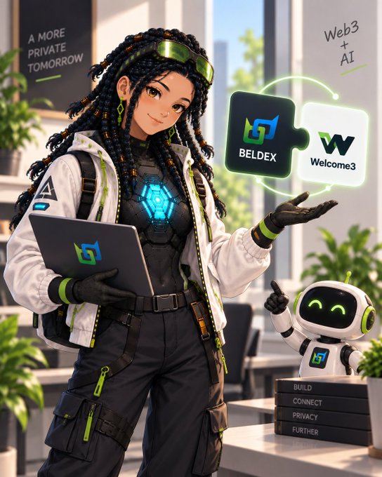A digital illustration of a cyberpunk-styled woman with braided hair holding a laptop, standing next to a small white robot, with logos for 'BELDEX' and 'Welcome3' and text reading 'A MORE PRIVATE TOMORROW' and 'Web3 + AI'.