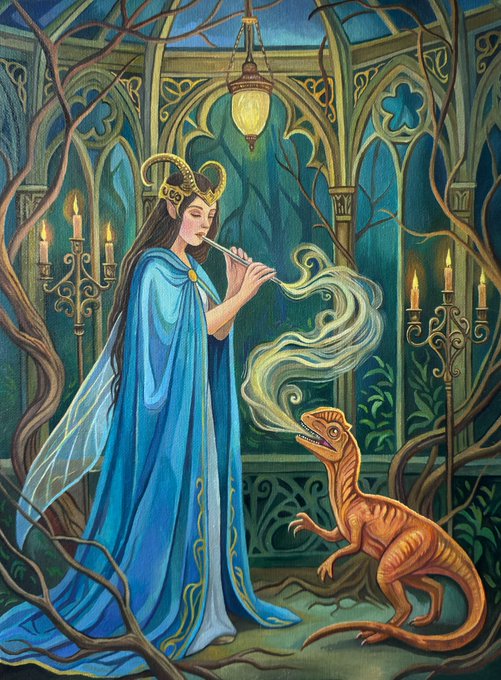 A fantasy painting depicting a woman in a flowing blue gown with a horned headdress playing a flute, as her breath takes the form of a magical creature facing a dinosaur-like reptile, set within an ornate Gothic archway.