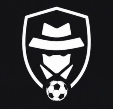 A black and white logo featuring a bearded face wearing a hat inside a shield, with a soccer ball at the bottom.