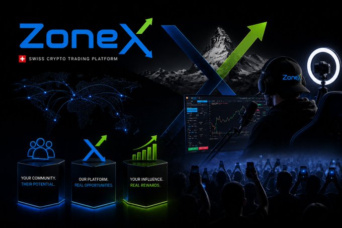 An advertisement for 'Zonex Swiss Crypto Trading Platform' featuring a trader at a computer, a world map graphic, and three pillars labeled 'YOUR COMMUNITY. THEIR POTENTIAL', 'OUR PLATFORM. REAL OPPORTUNITIES', and 'YOUR INFLUENCE. REAL REWARDS'.