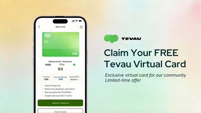 The image shows a cell phone displaying an advertisement for a virtual card from Teva Bank. The text on the screen reads "Claim Your Free Teva Virtual Card" and provides details about the card, including its exclusive nature and the ability to use it at 80+ stores worldwide. The phone is positioned in front of a colorful background that includes a green tree and a yellow flower.