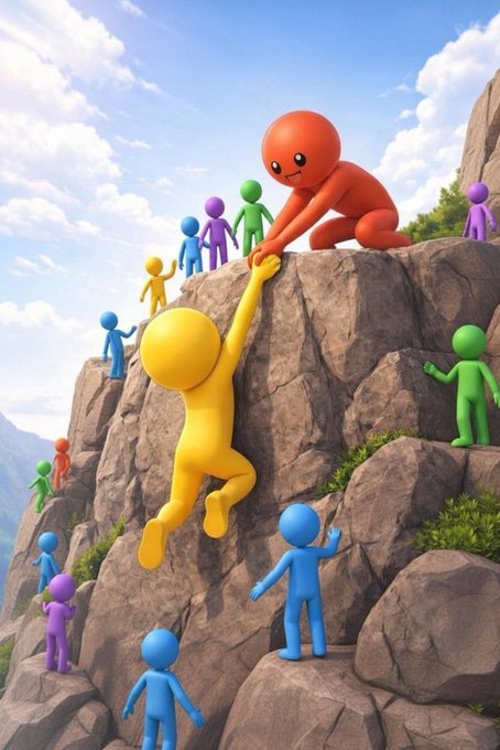 A 3D-rendered scene shows colorful humanoid figures in yellow, blue, green, purple, and red climbing a rocky cliff face, with a red figure reaching down to help a yellow figure.