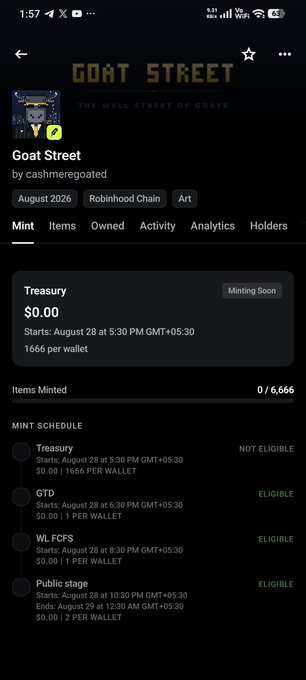 Mobile screenshot of a NFT collection page for 'Goat Street' by cashmeregoated on Robinhood Chain, with mint schedule showing Treasury, GTD, WL FCFS, and Public stage all starting August 28 at varying times GMT+05:30.