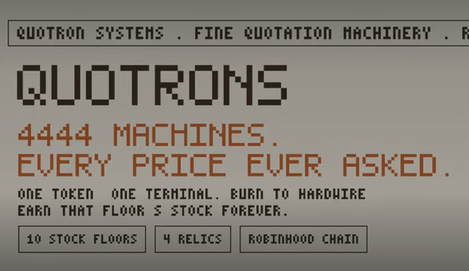 A pixelated promotional graphic for "Quotrons Systems" advertises 4,444 NFT machines with the tagline "Every Price Ever Asked," highlighting features including 10 stock floors, 4 relics, and a Robinhood chain. The image supports the post's bullish prediction that the Quotrons404 collection will quickly reach a 30-50 ETH floor price.