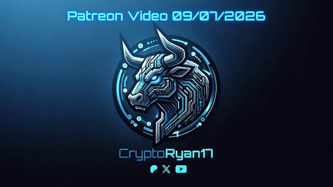 The image features a futuristic blue glowing bull logo with circuit-board detailing, alongside the text "Patreon Video 09/07/2026" and "CryptoRyan17," promoting an upcoming crypto analysis video that ties into the bullish outlook expressed in the post about Bitcoin waves lining up for $BTC.