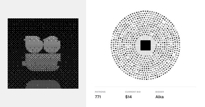 NFT marketplace interface showing a pixelated monkey artwork alongside a circular halftone pattern, with bidding details listing 771 PATRONS, CURRENT BID $14, and BIDDER 'Alka'.