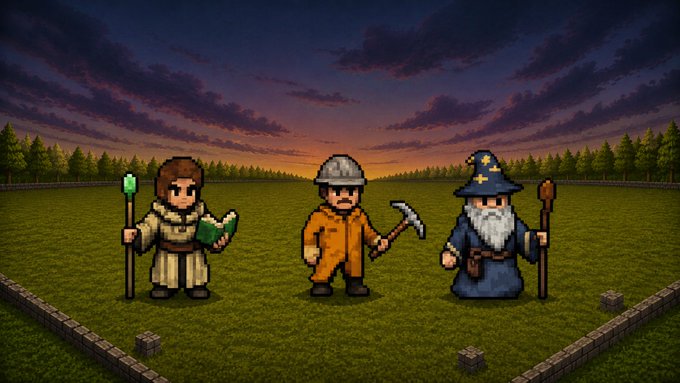 Pixel art illustration showing three characters - a monk with a staff and book, a miner with a pickaxe, and a wizard with a star-pointed hat - standing in a field at sunset.