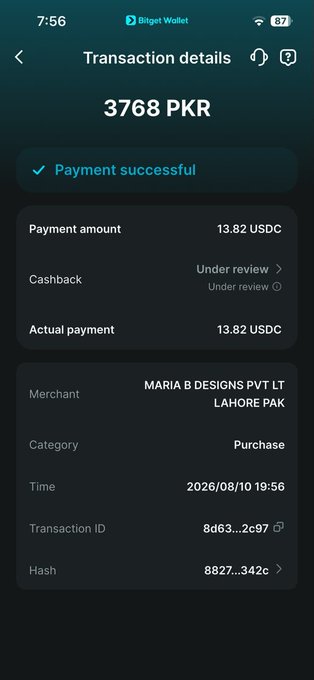 A Bitget Wallet transaction details screen showing a successful payment of 3768 PKR (13.82 USDC) to merchant MARIA B DESIGNS PVT LT LAHORE PAK.
