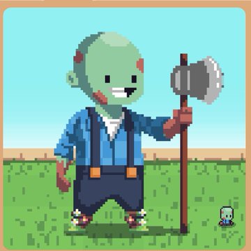 A pixel art illustration of a green zombie character wearing blue overalls and holding an axe, with a tiny figure in the corner on a grassy field.